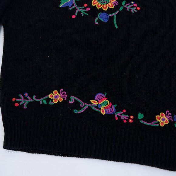 Vintage St Michael Black w Embroidered Floral Knit Mockneck Sweater L - Picture 7 of 12